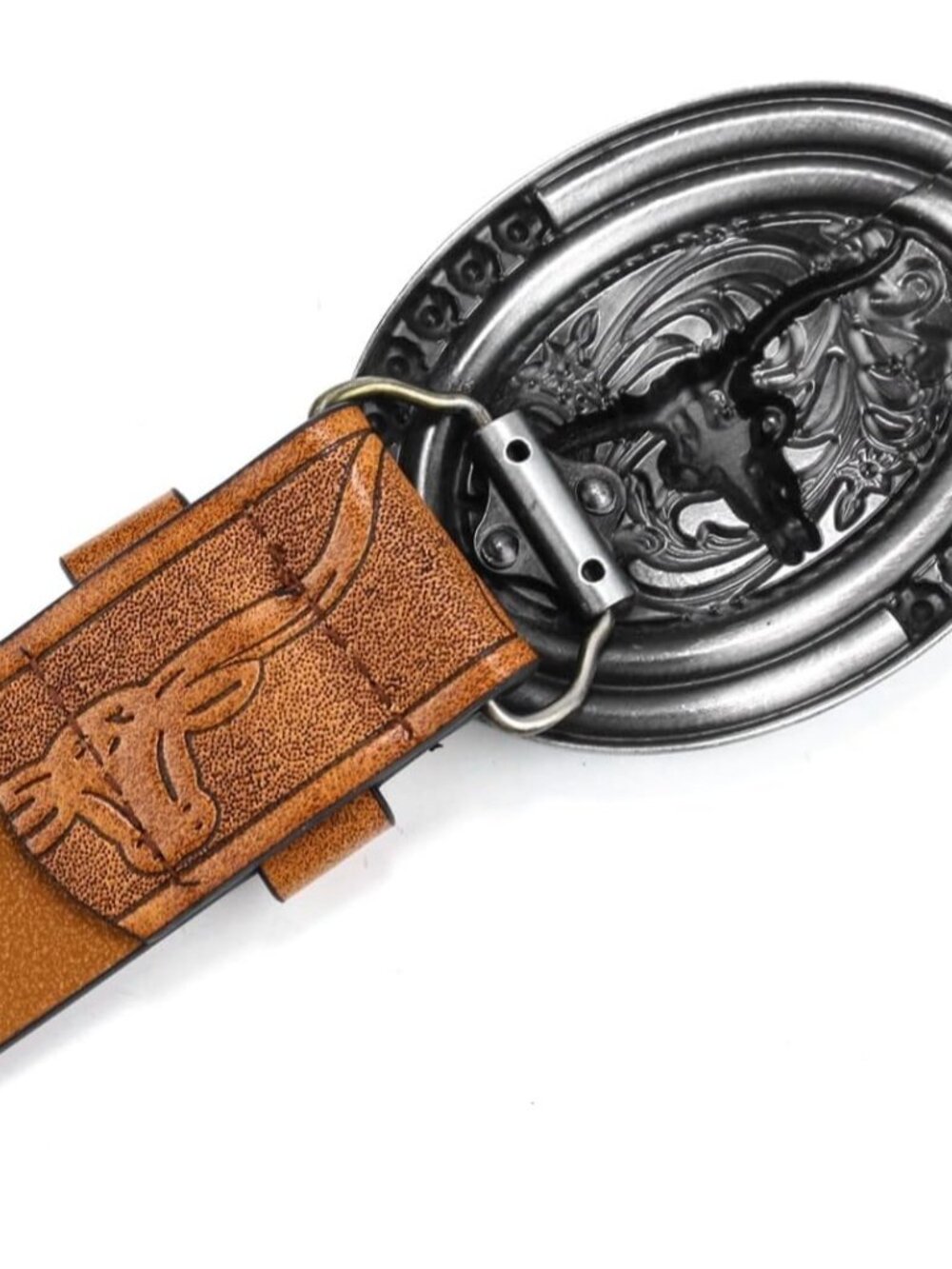 Women's Brown Western Pu Leather Longhorn Bull Turquoise Embossed Buckle Belt - Picture 5 of 7